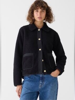 JCREW BLACK SHERPA LADY JACKET WOMENS LIGHTWEIGHT GOLD BUTTONS SZ SMALL